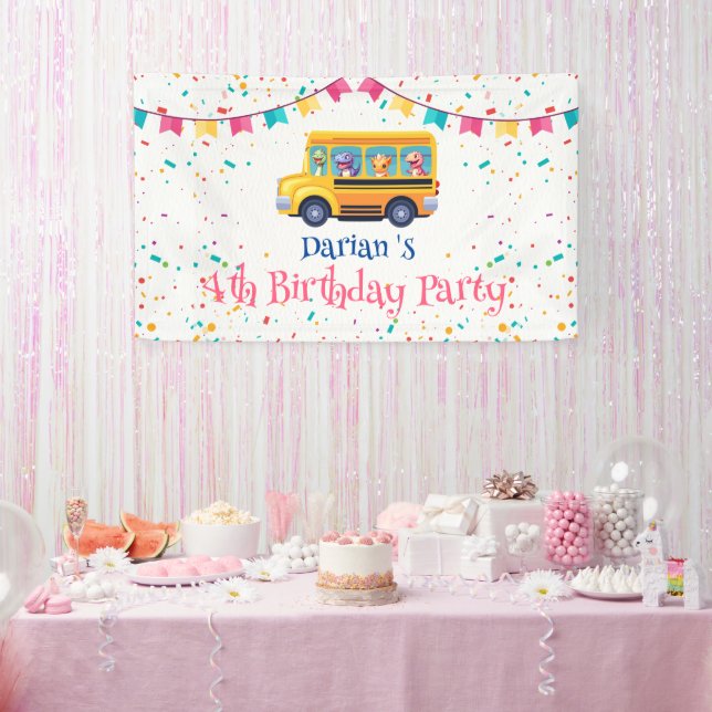 Funny dinosaur Back To School Bus cake Birthday Banner (Party)