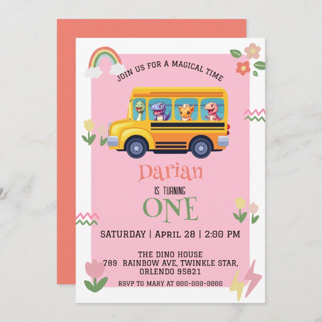 Funny dinosaur Back To School Bus girls Birthday Save The Date (Front/Back)