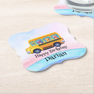 Funny dinosaur Back To School Bus Rainbow Birthday Paper Coaster