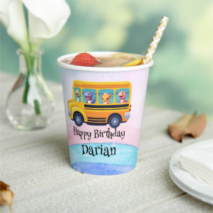 Funny dinosaur Back To School Bus Rainbow Birthday Paper Cups