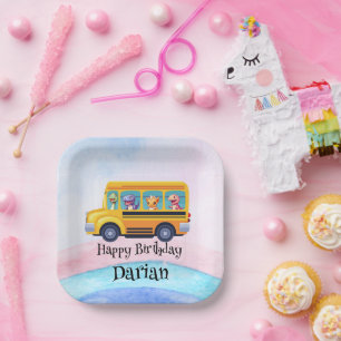 Funny dinosaur Back To School Bus Rainbow Birthday Paper Plate