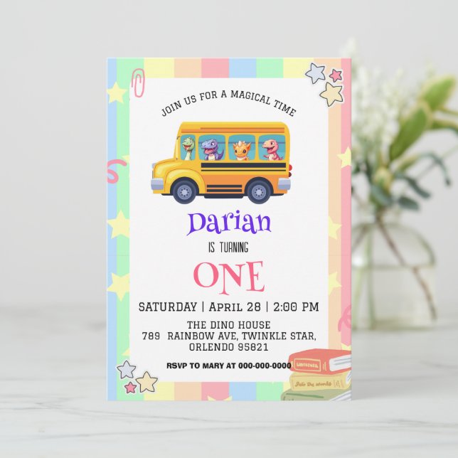 Funny dinosaur Back To School Bus Rainbow Birthday Thank You Card (Standing Front)