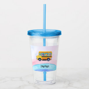 Funny dinosaur Back To School Bus Rainbow Name Acrylic Tumbler
