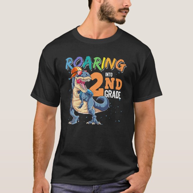 Funny Dinosaur Back To School Roaring Into 2Nd Gra T-Shirt (Front)
