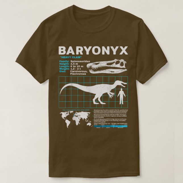 Funny Dinosaur Baryony Fact Sheet Fossils Data  T-Shirt (Design Front)
