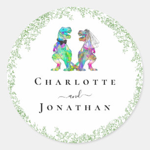 Funny Dinosaur Bride and Groom Custom Wedding Classic Round Sticker