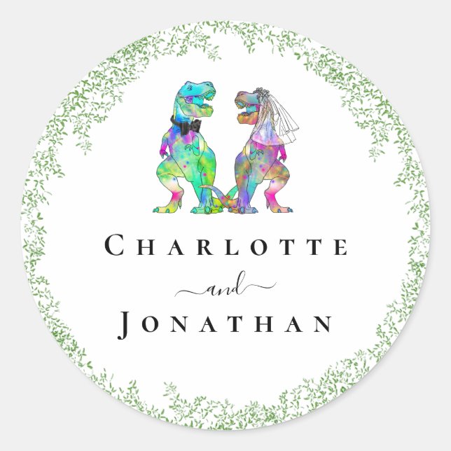 Funny Dinosaur Bride and Groom Custom Wedding Classic Round Sticker (Front)