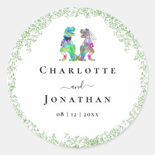 Funny Dinosaur Bride and Groom Custom Wedding Classic Round Sticker