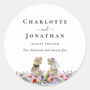 Funny Dinosaur Bride and Groom Custom Wedding Classic Round Sticker
