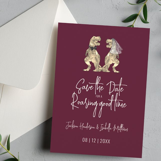 Funny Dinosaur Bride and Groom Wedding Burgundy Save The Date (Funny Dinosaur wedding burgundy ivory cream invitation fun T-Rex dino bride and groom trendy script)