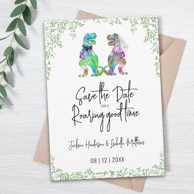 Funny Dinosaur Bride and Groom Wedding Save The Date (Funny Dinosaur T-Rex bride and groom quote wedding save the date invitation watercolor greenery)
