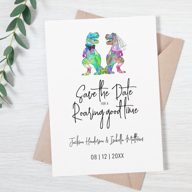 Funny Dinosaur Bride and Groom Wedding Save The Date (Funny dinosaur bride and groom wedding save the date invitation for a roaring good time quote)