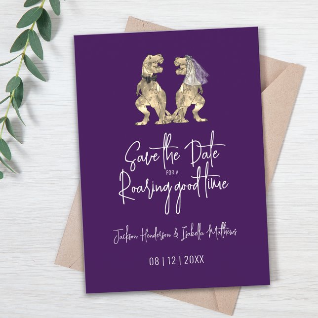Funny Dinosaur Bride and Groom Wedding Save The Date (Dinosaur theme wedding save the date invitation T-Rex bride and groom purple dino Jurassic wedding)