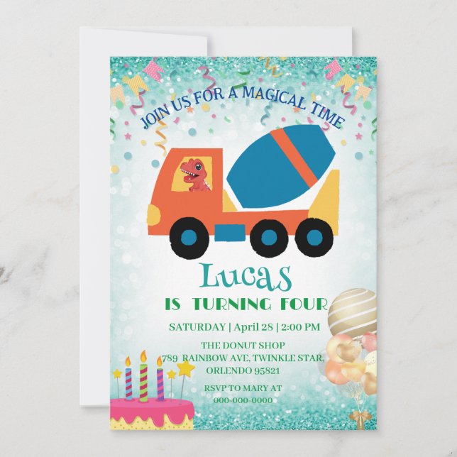 Funny dinosaur cement truck Birthday party Name Holiday Card (Front)