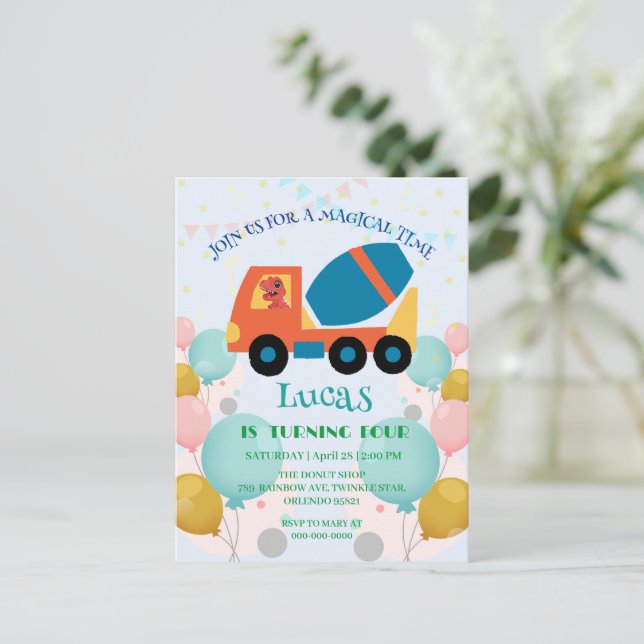 Funny dinosaur cement truck Birthday party Name Postcard (Standing Front)