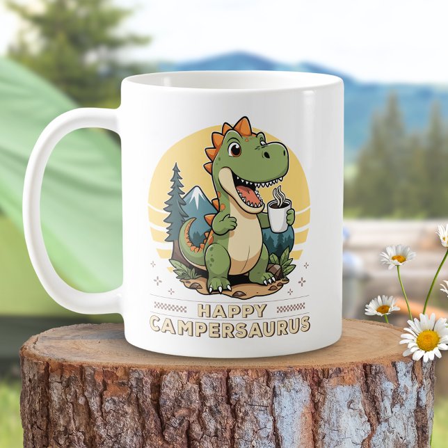 Funny Dinosaur Drinking Coffee Outdoors Camping Coffee Mug (Creator Uploaded)