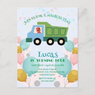Funny dinosaur Garbage truck Birthday party Name Postcard