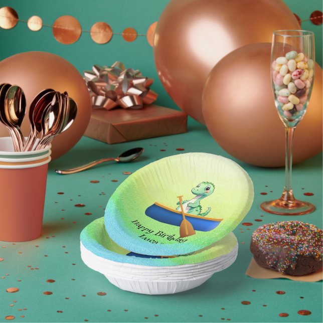 Funny dinosaur Kayak sailing Birthday party Paper Plate (Multi)