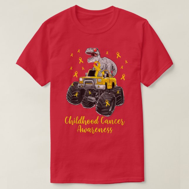 Funny Dinosaur Monster Truck Gold Ribbon Childhood T-Shirt (Design Front)