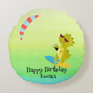 Funny dinosaur Paraglider Board School party kids Round Cushion