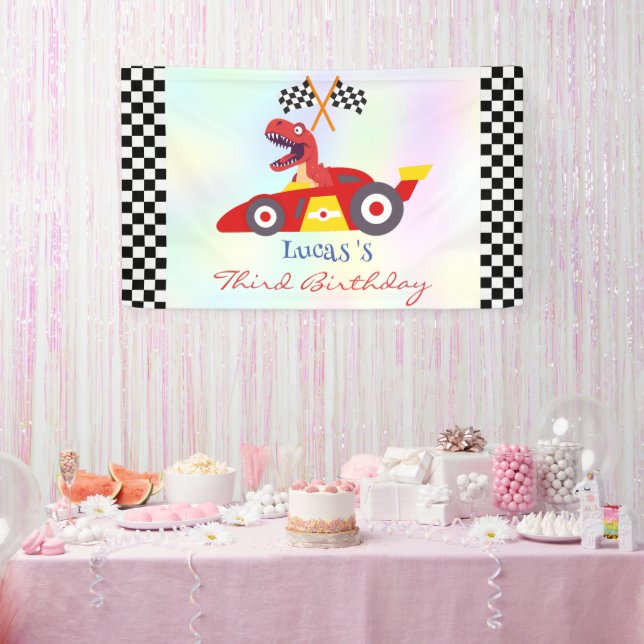 Funny Dinosaur racing car boy kids Birthday party Banner (Party)