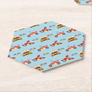 Funny Dinosaur racing car boy kids Birthday party Paper Coaster