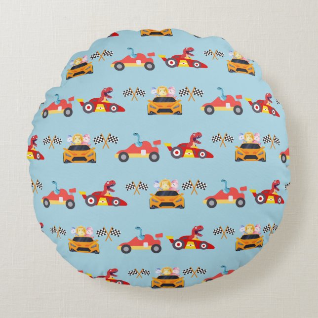 Funny Dinosaur racing car boy kids Birthday party Round Cushion (Front)