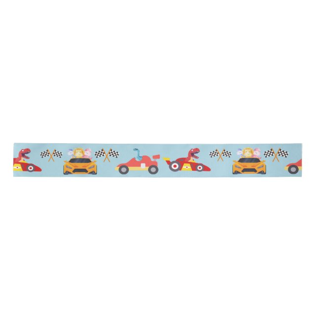 Funny Dinosaur racing car boy kids Birthday party Satin Ribbon (Front)