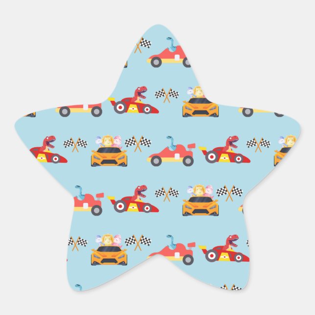 Funny Dinosaur racing car boy kids Birthday party Star Sticker (Front)