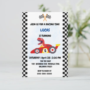 Funny Dinosaur racing car boy kids Birthday party Thank You Card