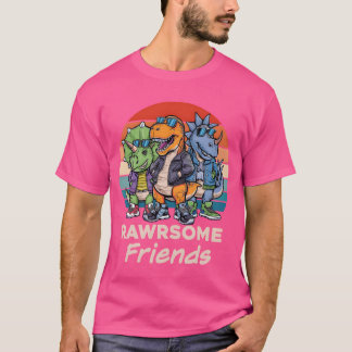 Funny Dinosaur Rawrsome Friends 90s Vintage Sunset T-Shirt
