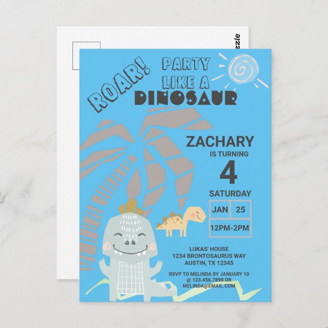 Funny Dinosaur Roar Kids Birthday Party Invitation Postcard (Front/Back)