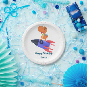 Funny dinosaur rocket back 2 School Birthday party Paper Plate