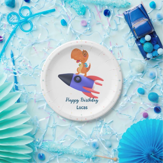 Funny dinosaur rocket back 2 School Birthday party Paper Plate (Party)