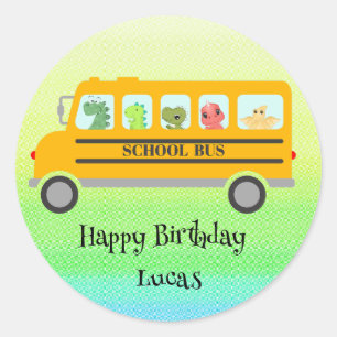 Funny dinosaur school Bus Birthday party DIY Name Classic Round Sticker