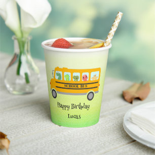 Funny dinosaur school Bus Birthday party DIY Name Paper Cups