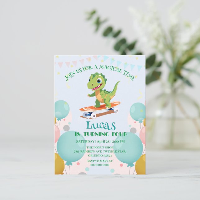 Funny dinosaur Skateboard Birthday party boys Invitation Postcard (Standing Front)