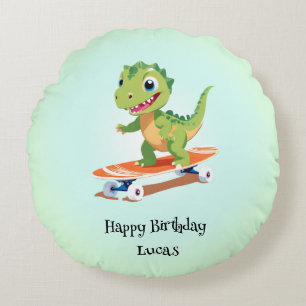Funny dinosaur Skateboard Birthday party boys Round Cushion