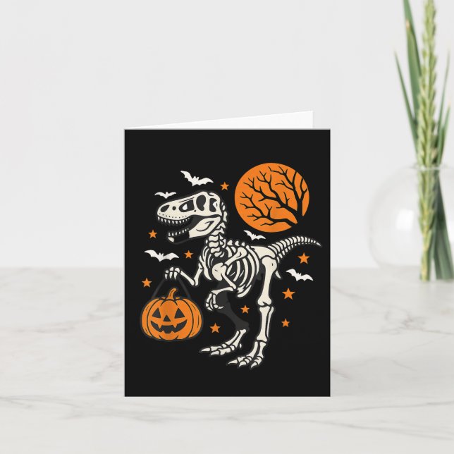 Funny Dinosaur Skeleton Halloween Pumpkin Trick Or Card (Front)