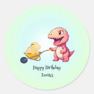 Funny dinosaur straw cart Birthday boys party  Classic Round Sticker