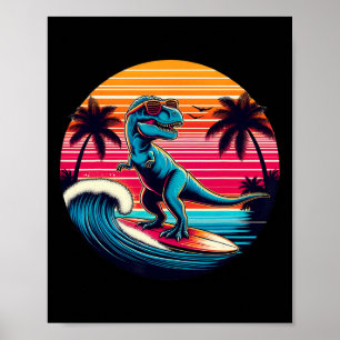 Funny Dinosaur Surfing Retro Sunset Men Women Kids Poster