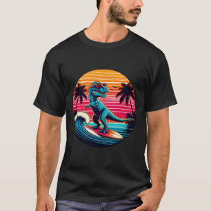 Funny Dinosaur Surfing Retro Sunset Men Women Kids T-Shirt
