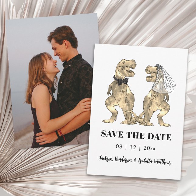 Funny Dinosaur Themed Photo Wedding Save The Date (Funny dinosaur bride and groom Jurassic dino wedding photo save the date card)