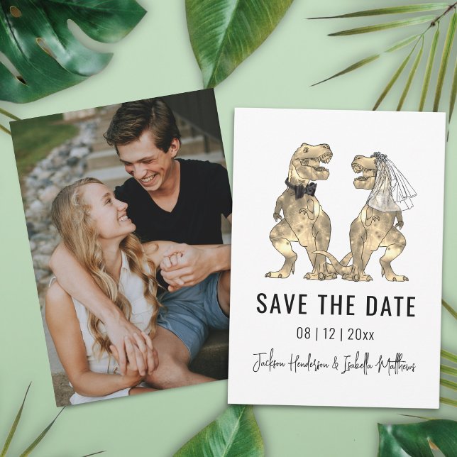 Funny Dinosaur Themed Wedding Photo Save The Date (Funny T-Rex bride and groom dinosaur wedding save the date portrait photo card Simple modern stylish)