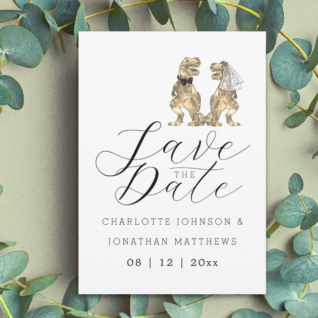 Funny Dinosaur Themed Wedding Save The Date (Funny dinosaur theme wedding save the date invitation elegant script T-Rex dino bride & groom)