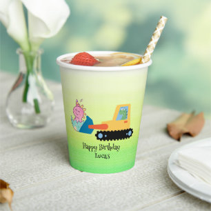 Funny dinosaur tractor Birthday party DIY Name Paper Cups