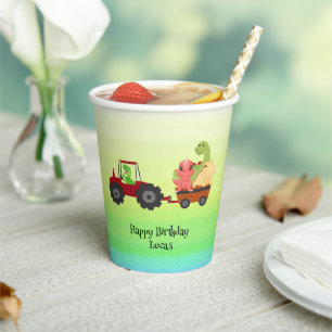 Funny dinosaur tractor Birthday party DIY Name Paper Cups