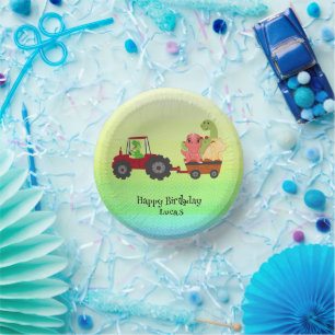 Funny dinosaur tractor Birthday party DIY Name Paper Plate