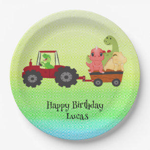 Funny dinosaur tractor Birthday party DIY Name Paper Plate