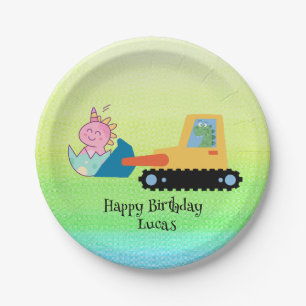 Funny dinosaur tractor Birthday party DIY Name Paper Plate